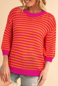 Rose Striped Puff Sleeve Round Neck Sweater (size: (US 8-10)M)