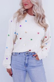 Beige Sequin Heart Pattern Round Neck Knit Sweater (size: (US 8-10)M)